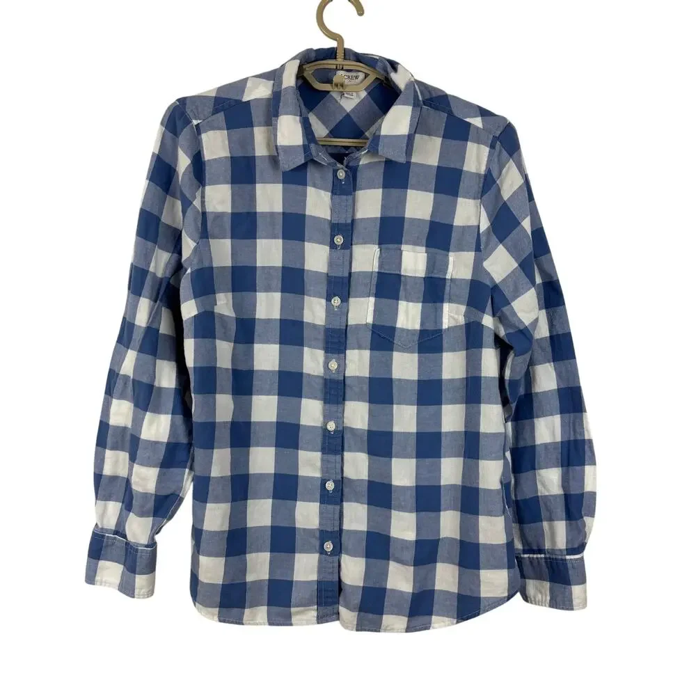 J.Crew Flannel Shirt Women Large Delphinium Blue Ivory Gingham Plaid Large